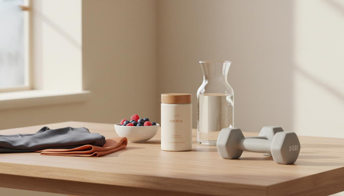 Minimalist morning kitchen still-life with Tonum supplement jar, carafe of water, bowl of berries and light dumbbells suggesting mindful routine — how can a woman lose weight fast