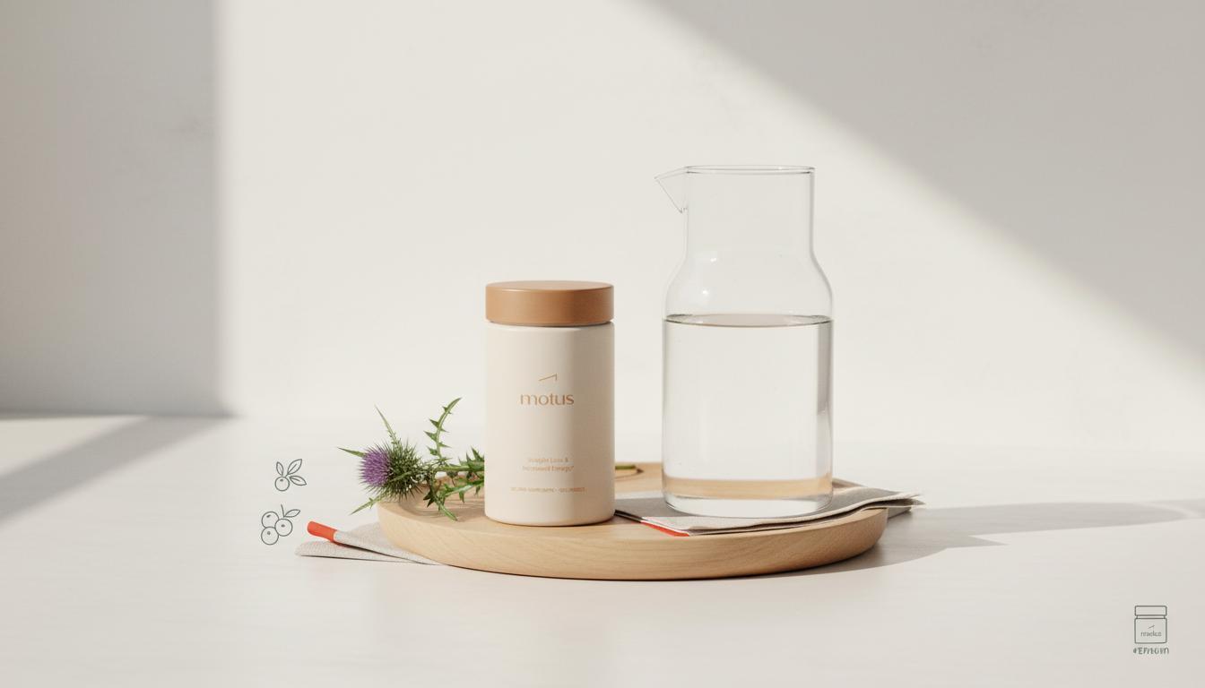 Will my insurance cover a nutritionist — minimalist still life: Motus supplement jar on a wooden tray with glass carafe and milk thistle sprig, small Tonum berry icons.