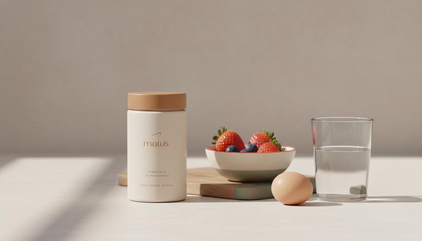 Minimalist kitchen still life with Tonum Motus container, bowl of berries, an egg and a glass of water on a clean counter, promoting protein for women over 40 and sustainable daily habits.