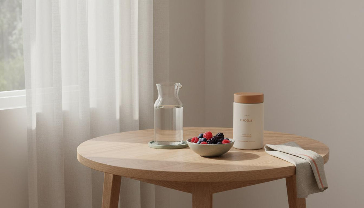 Minimal breakfast nook with Motus supplement jar beside a glass carafe and bowl of berries on a round wooden table in soft morning light, best weight loss stack