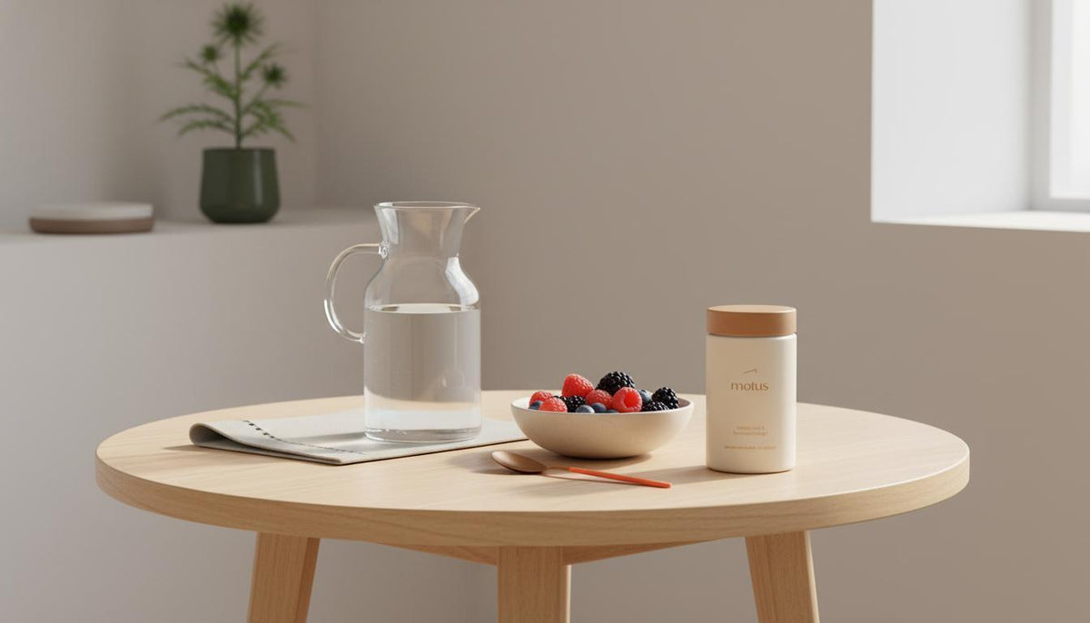 Minimalist morning kitchen scene with Tonum Motus supplement jar beside a carafe and bowl of berries on a wooden table, conveying research-backed metabolism boosters.