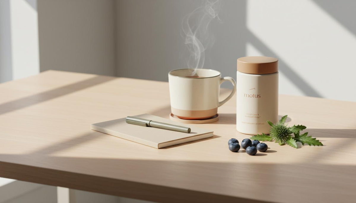 8 second memory trick: minimalist morning desk with Tonum supplement jar beside a notebook, steaming mug, berries and milk thistle suggesting a calm cognitive-support routine.
