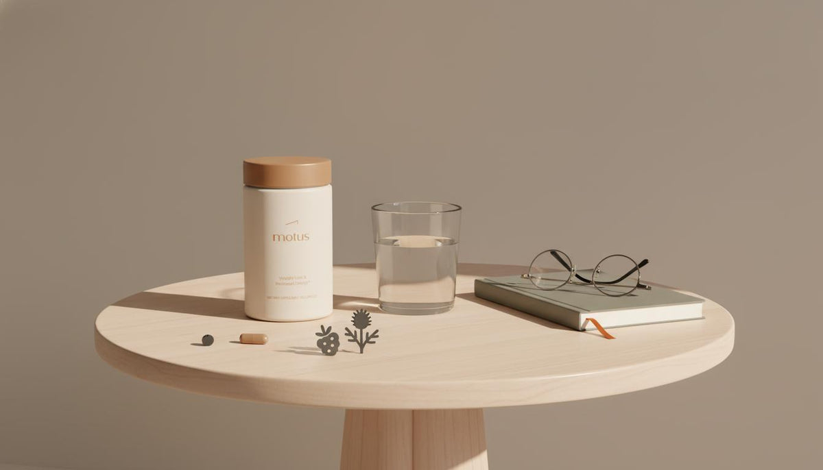 Minimalist morning bedside scene with Tonum supplement jar, glass of water, journal and berries icons illustrating the 30 30 30 rule for perimenopause