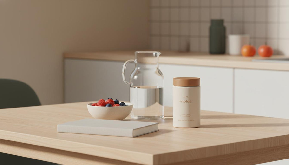 Minimalist kitchen table with Tonum Motus supplement jar beside a bowl of berries, glass carafe and closed notebook in Tonum brand colors — CLA testosterone