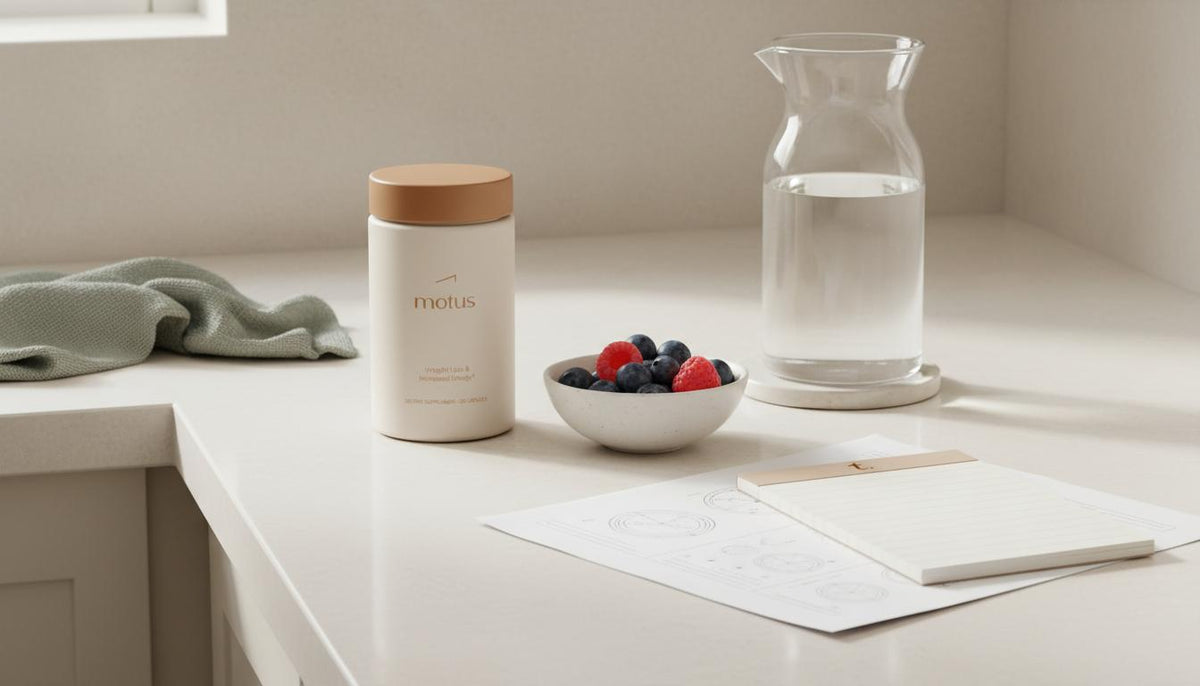 Minimalist kitchen counter with Tonum Motus supplement jar beside bowl of berries, glass carafe and research printout — what pill makes you lose weight