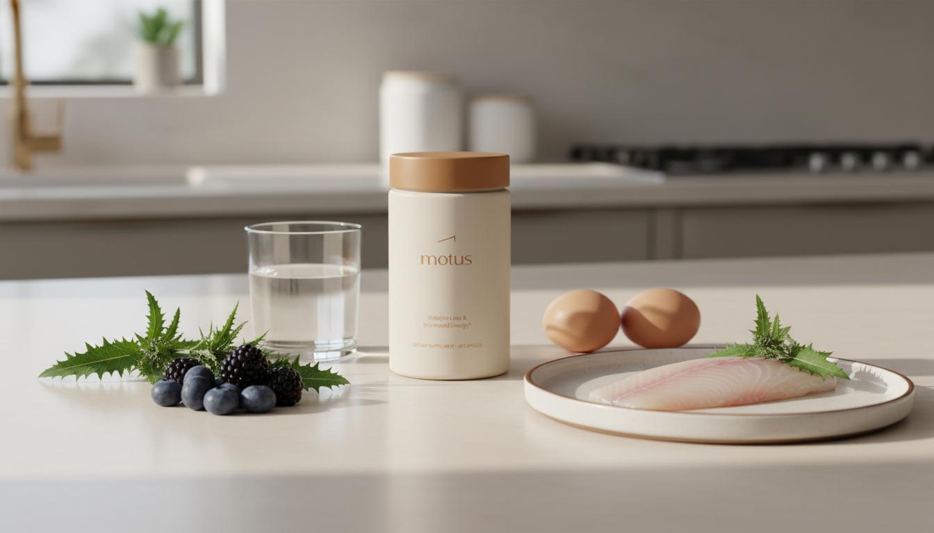 Motus supplement jar beside eggs, berries, fish and milk thistle on a minimalist kitchen counter illustrating how to reduce belly fat faster for a male.