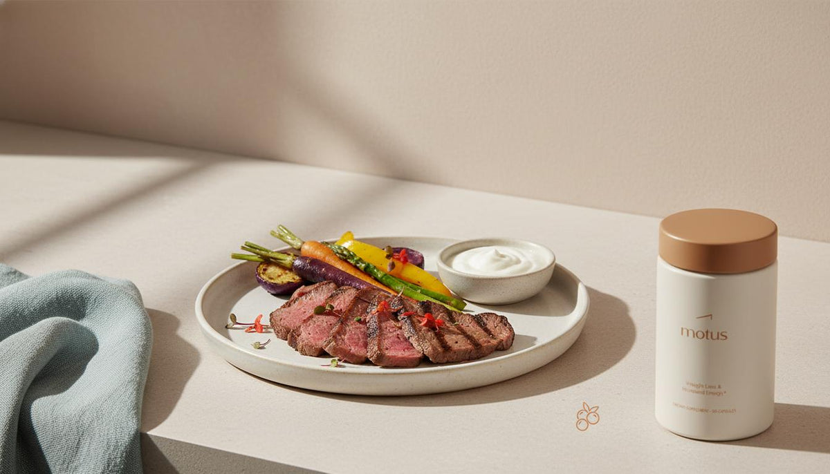 Minimalist kitchen countertop with grilled steak, roasted vegetables and yogurt beside a Tonum Motus jar, illustrating foods high in carnitine.