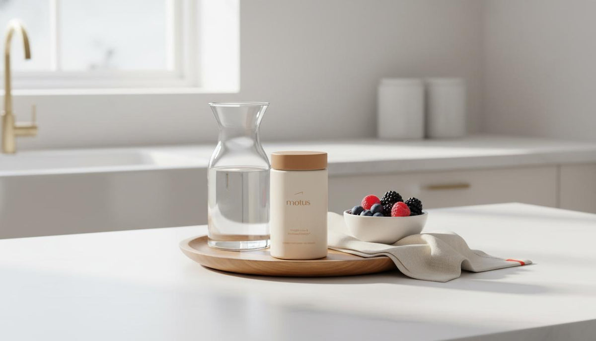 Tonum Motus supplement jar on a minimalist kitchen counter beside a carafe, bowl of berries and linen napkin, illustrating age and weight loss difficulty