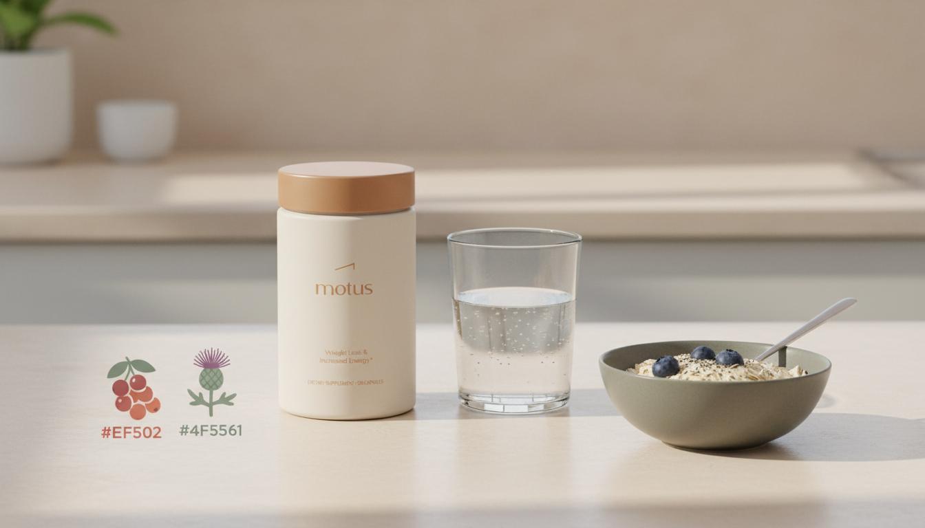 Minimalist kitchen counter with Motus supplement jar next to oats and a glass of water, Tonum berry and milk thistle icons on a soft beige background — mass gainer belly fat