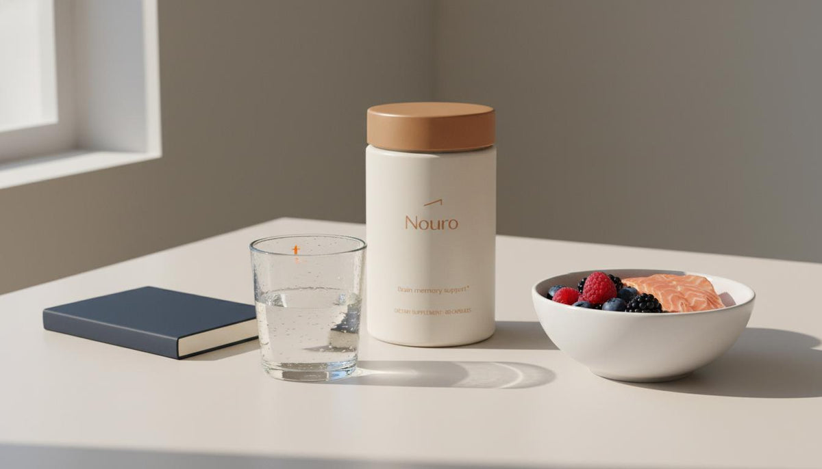 Minimalist tabletop photo of Tonum Nouro supplement beside salmon, mixed berries, water, and navy journal, evoking brain memory support — How do I boost my brain memory?