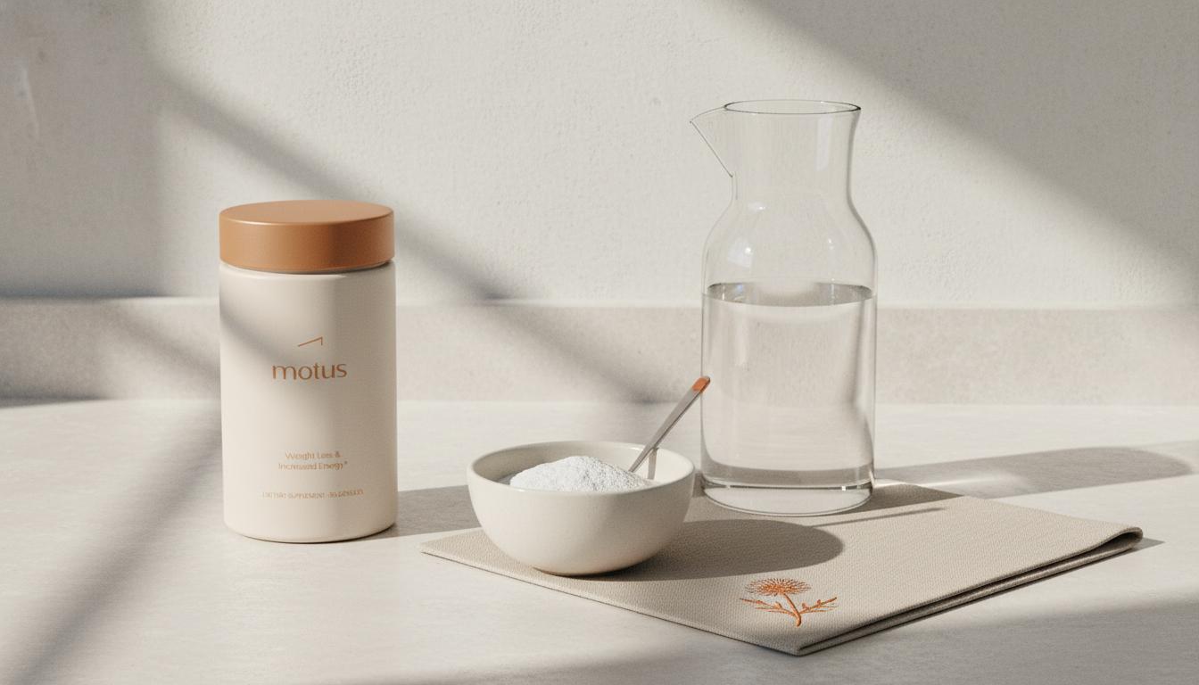 Minimalist kitchen scene with Tonum supplement jar from reference photos beside bowl of collagen powder, glass carafe and linen napkin in soft morning light — collagen for weight loss