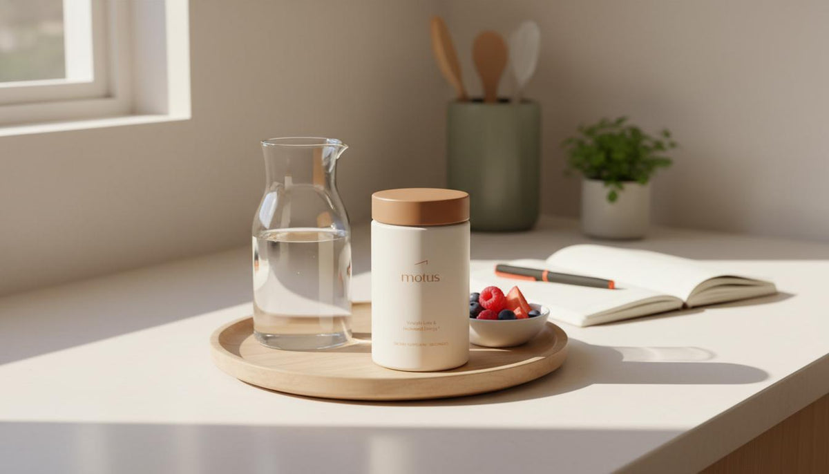 Minimal kitchen scene with Motus supplement jar on a wooden tray beside berries, glass carafe and open notebook, evoking a mindful routine to lose fat in 7 days.