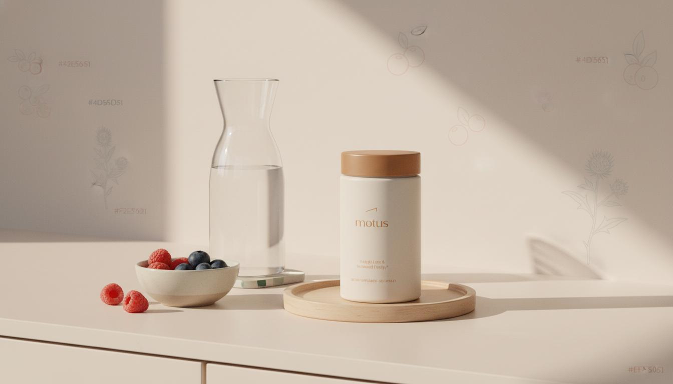 Minimalist kitchen still life with Tonum Motus supplement jar on a wooden tray beside a carafe of water and berries in soft morning light — safe weight loss pills