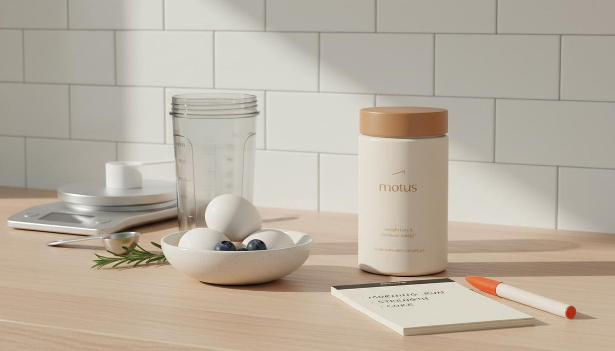 Minimalist morning kitchen scene with Tonum Motus beside a shaker, protein scoop, eggs and berries, and a small workout notepad illustrating what builds muscle the fastest through measured nutrition.
