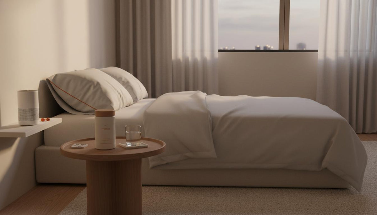 Minimalist dusk bedroom with Tonum supplement jar on a round wooden table, soft beige Tonum palette and understated iconography conveying sustainable healthcare and calm wellness.