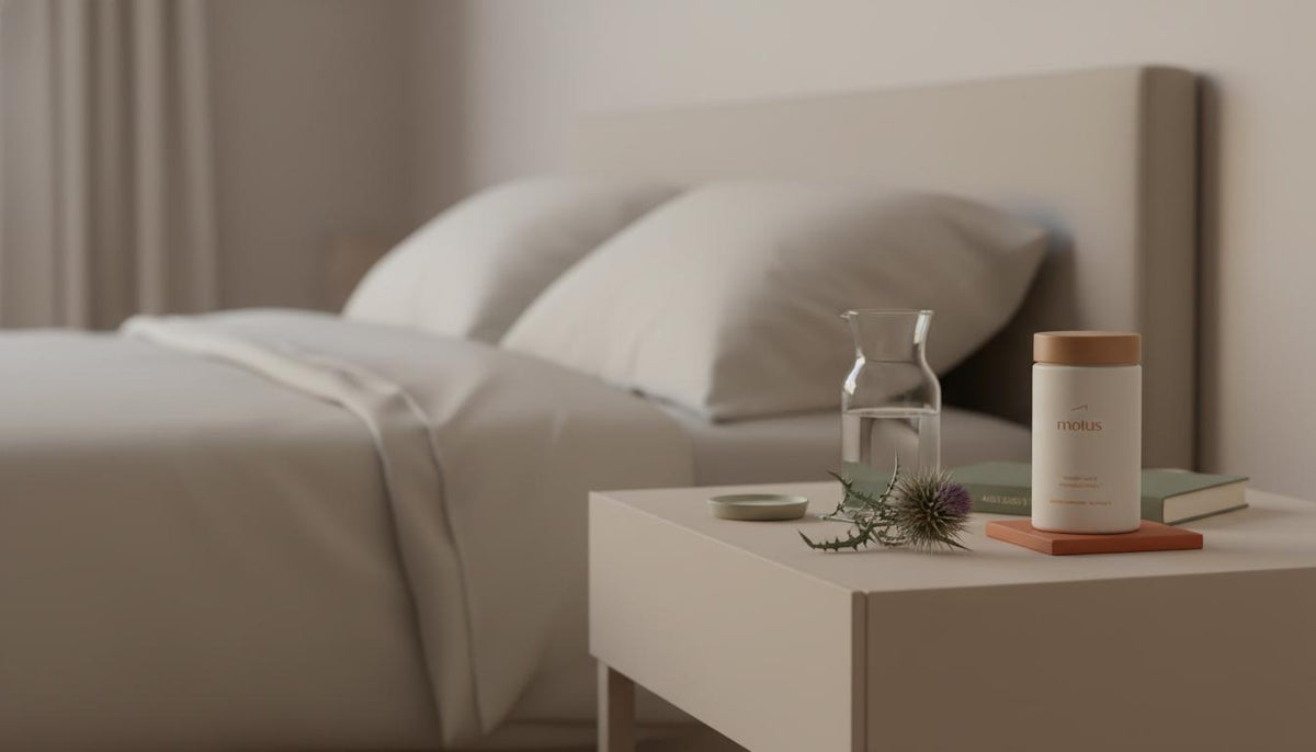 Minimalist dusk bedroom with Tonum Motus supplement jar on a bedside table beside a glass carafe and milk thistle sprig in warm clinical light — What burns the most belly fat overnight?