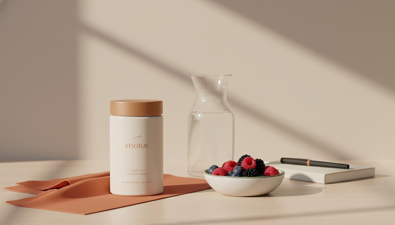 Minimalist kitchen scene with Motus supplement jar beside water carafe, bowl of berries and notebook, illustrating vitamin B complex weight loss.