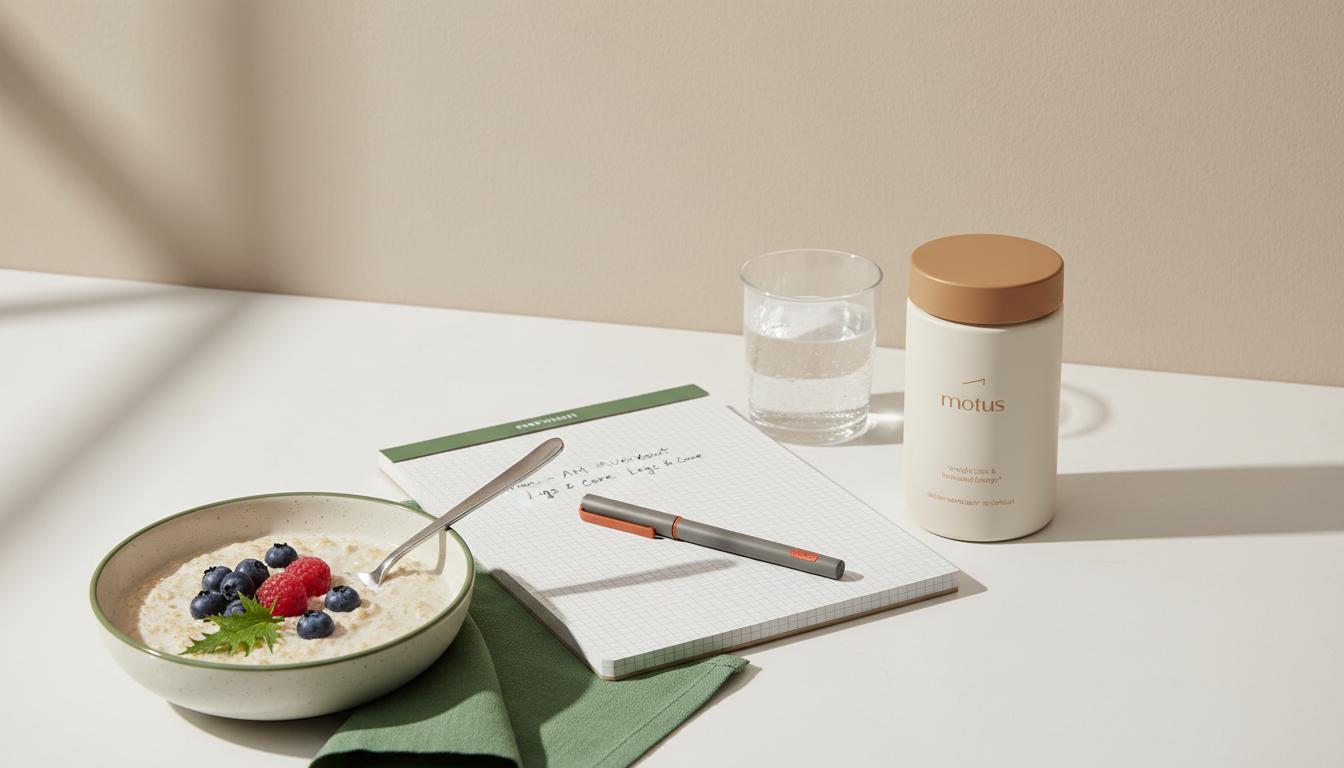 Minimalist kitchen scene with Tonum supplement jar next to a glass of water, bowl of oats and berries, and open workout notebook — gainer protein nutrition.