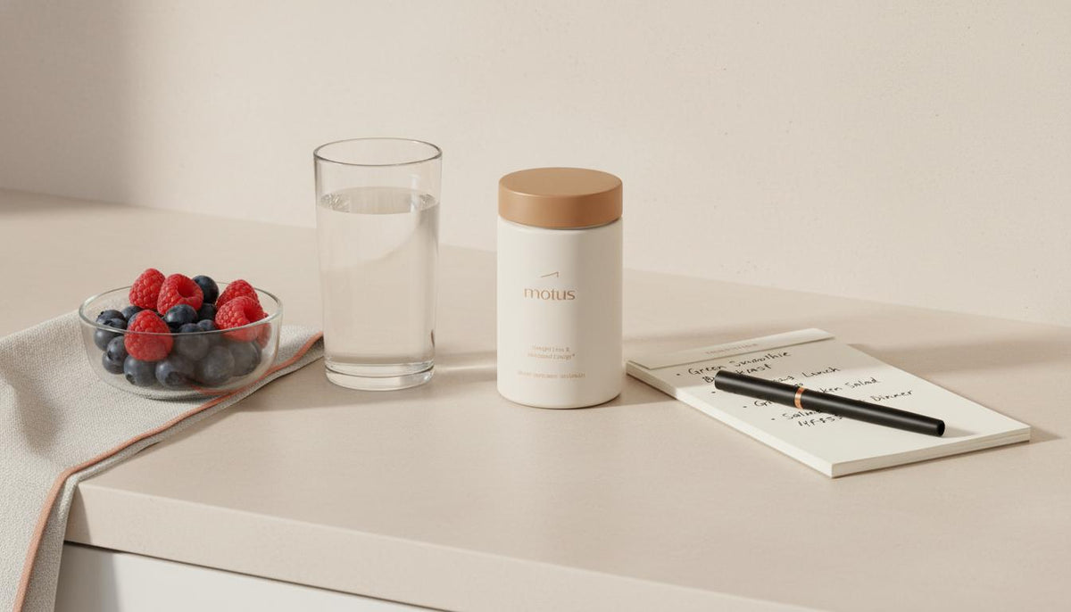 Minimal morning kitchen counter with Tonum Motus supplement jar, glass of water, notebook and bowl of berries — clean wellness scene for a nutrition and wellness coach.