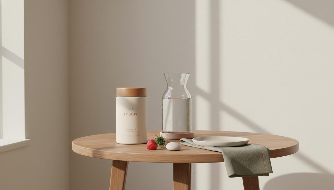 Minimalist kitchen scene with the Tonum supplement container from reference photos beside a carafe of water and small Tonum icons (berry, milk thistle, egg) — creatine side effects