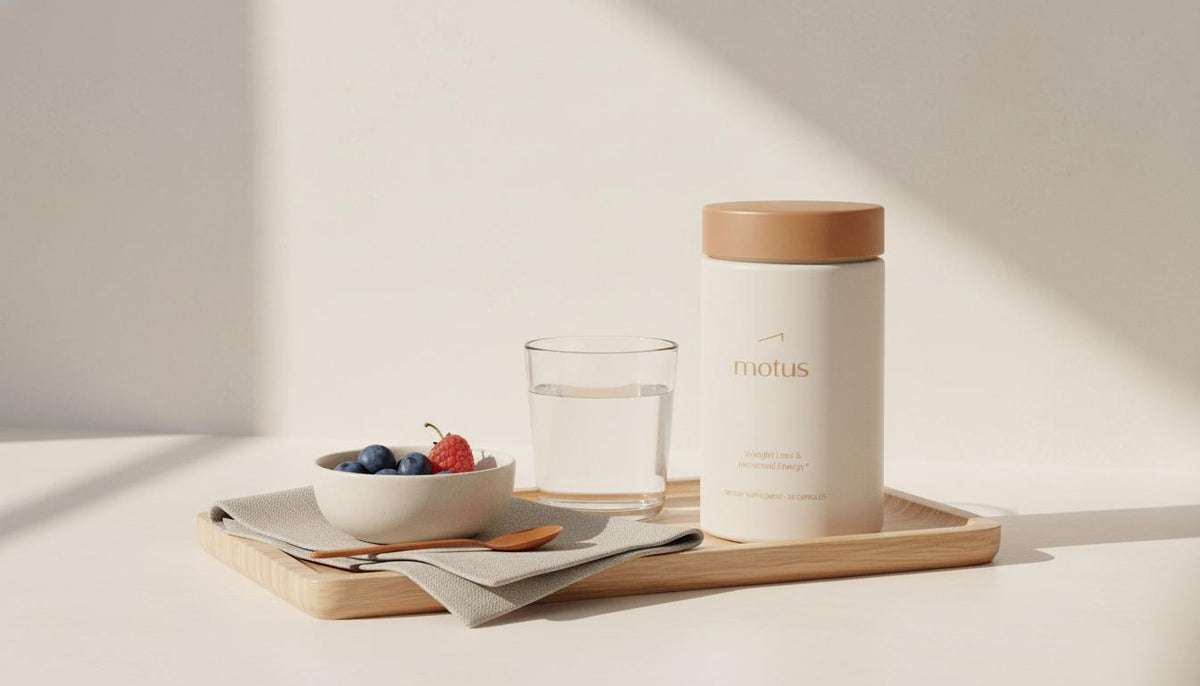Minimalist kitchen counter with Tonum Motus supplement jar beside a glass of water and bowl of berries, evoking daily routine and liquid collagen for weight loss