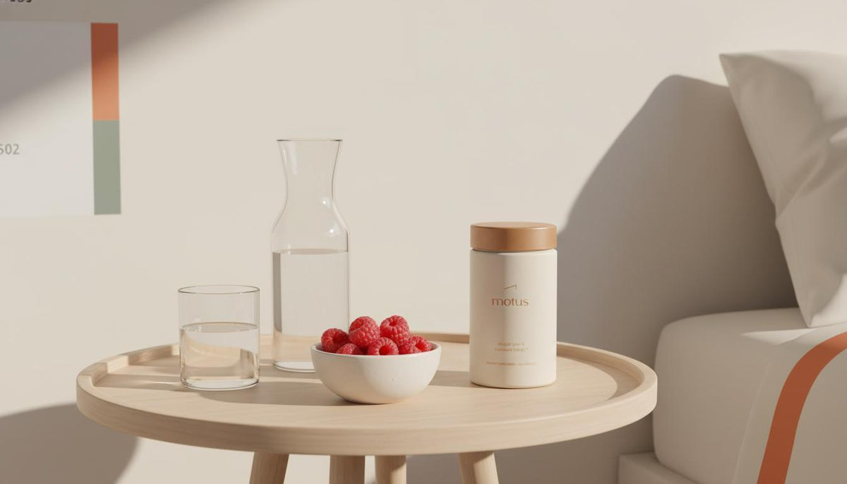 Minimalist bedside table with Tonum Motus supplement bottle next to a glass carafe and bowl of berries conveying calm scientific lifestyle; best metabolism booster for weight loss