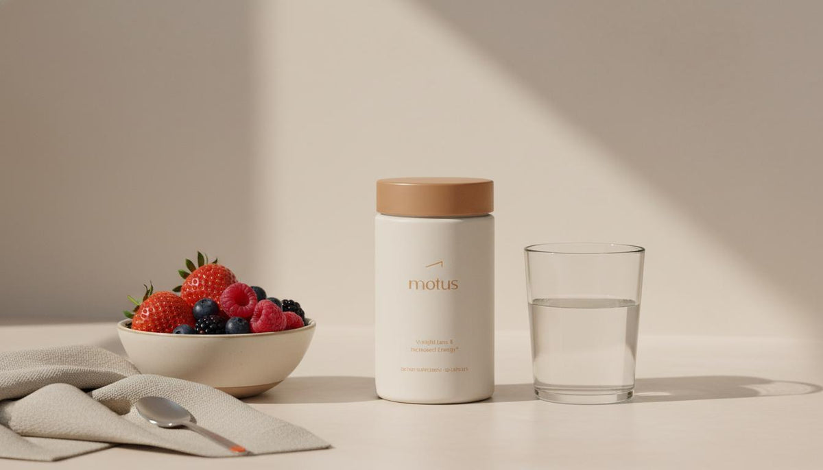 Minimalist kitchen counter with Tonum Motus supplement jar beside a glass of water and bowl of mixed berries on a linen napkin — do powdered greens help you lose weight?
