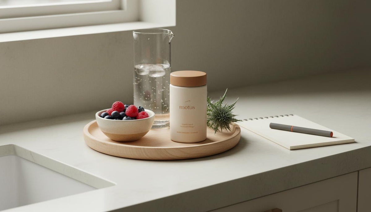 Minimalist kitchen scene with Tonum Motus supplement jar on a wooden tray beside berries and milk thistle, evoking Metabolic Balance and daily nutrition.