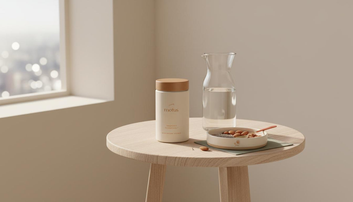 Minimalist lifestyle photo of Tonum Motus supplement jar on a wooden table with a glass carafe and dish of seeds and almonds in morning light — what time should I take magnesium glycinate for weight loss