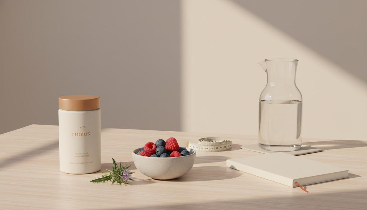 Minimalist still life of Tonum Motus supplement jar with berries, milk thistle, measuring tape, glass carafe and journal on a wooden table — visual for hormonal weight gain support.