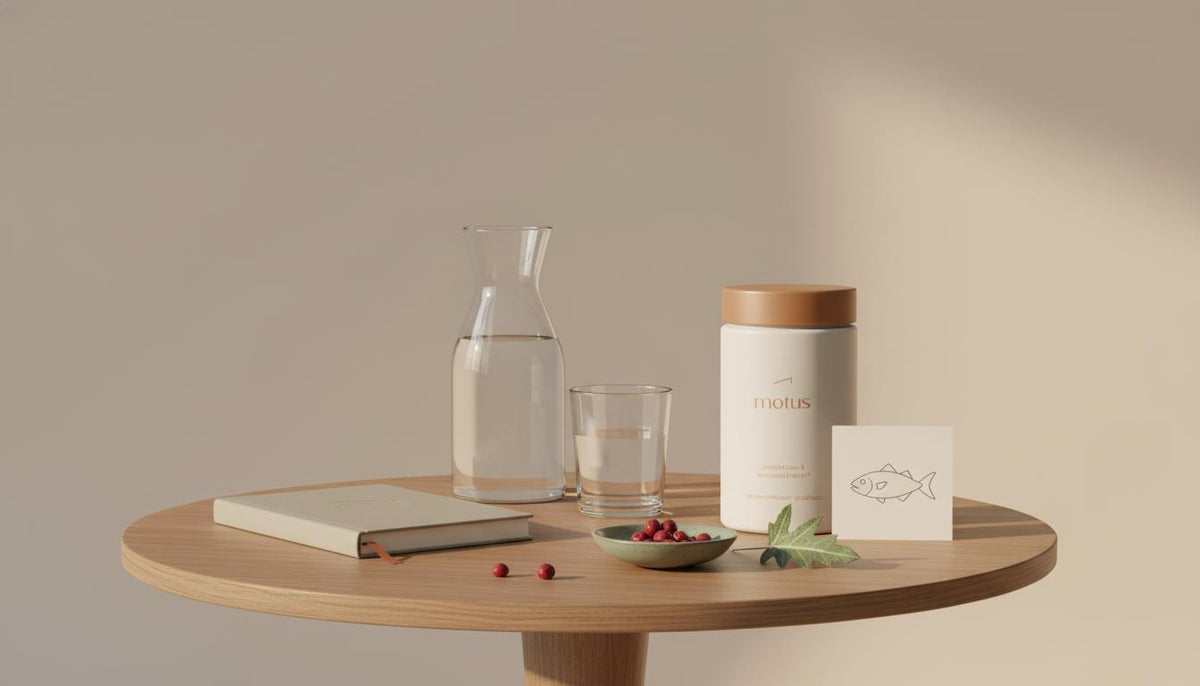 Minimalist morning nook with a Tonum supplement jar on a round table alongside a journal, glass carafe, berries and milk thistle leaf — supplements for brain fog