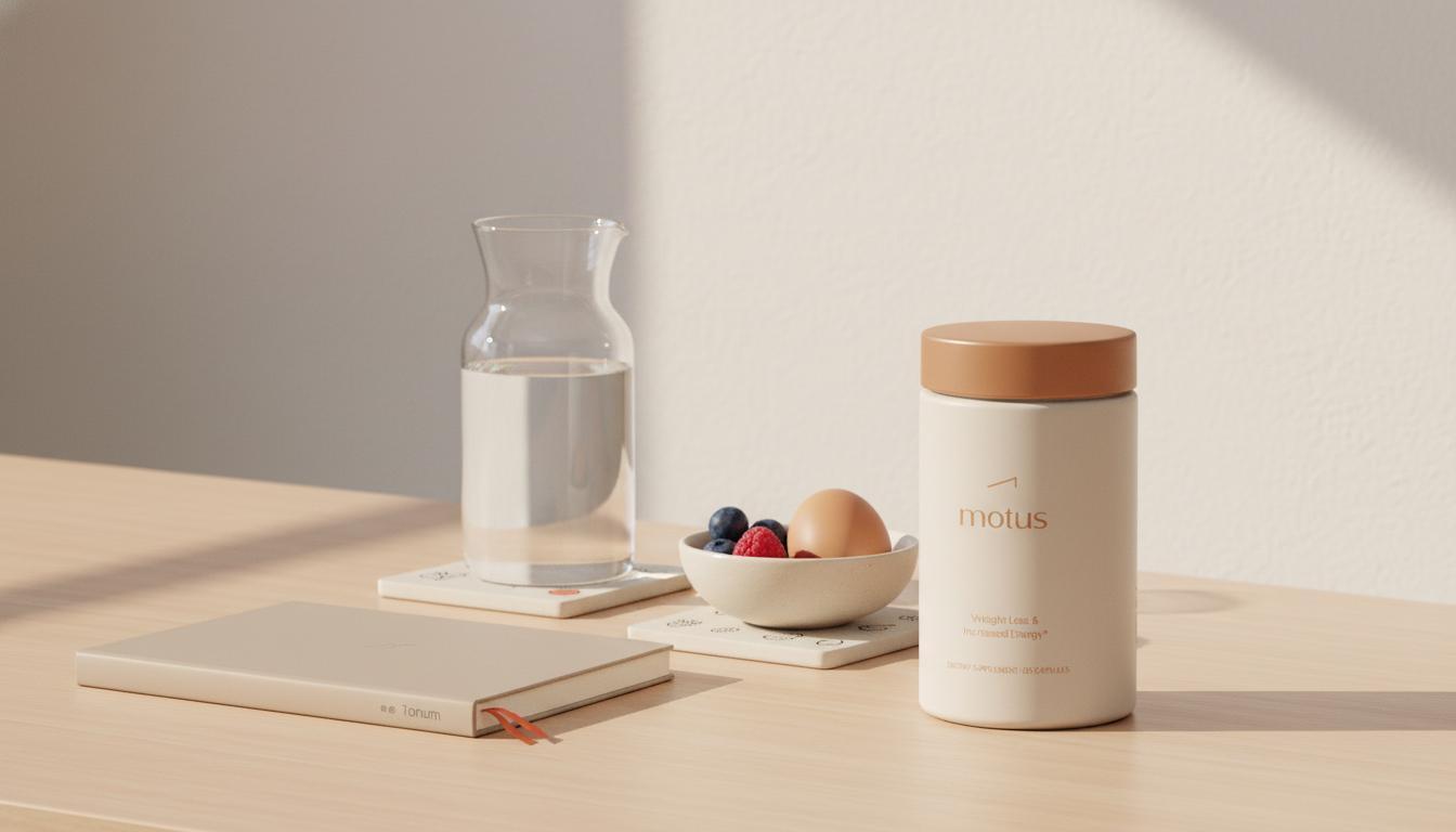 Minimal lifestyle photo for a diet coach: Tonum supplement container from reference photo beside notebook, glass carafe, and small bowl of berries on a #F2E5D5 background, clean composition.