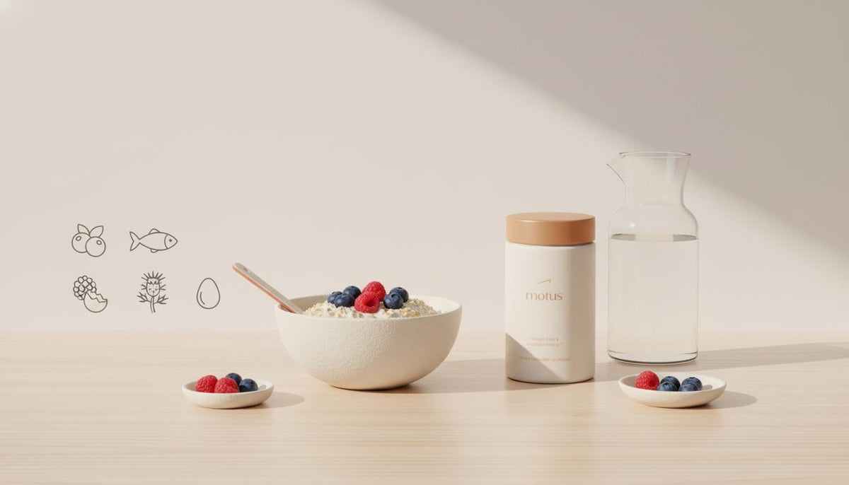 Minimal morning kitchen scene with Tonum icons, a Motus supplement jar beside a bowl of oats and a glass carafe, illustrating how to boost metabolism naturally in a clean, minimalist style
