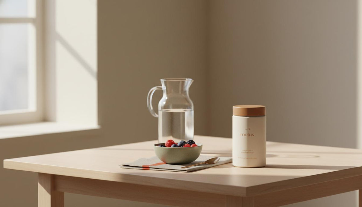 Minimal morning scene with Tonum Motus supplement jar beside a carafe of water and bowl of berries on a wooden table, promoting thermogenic fat burners and steady wellness.
