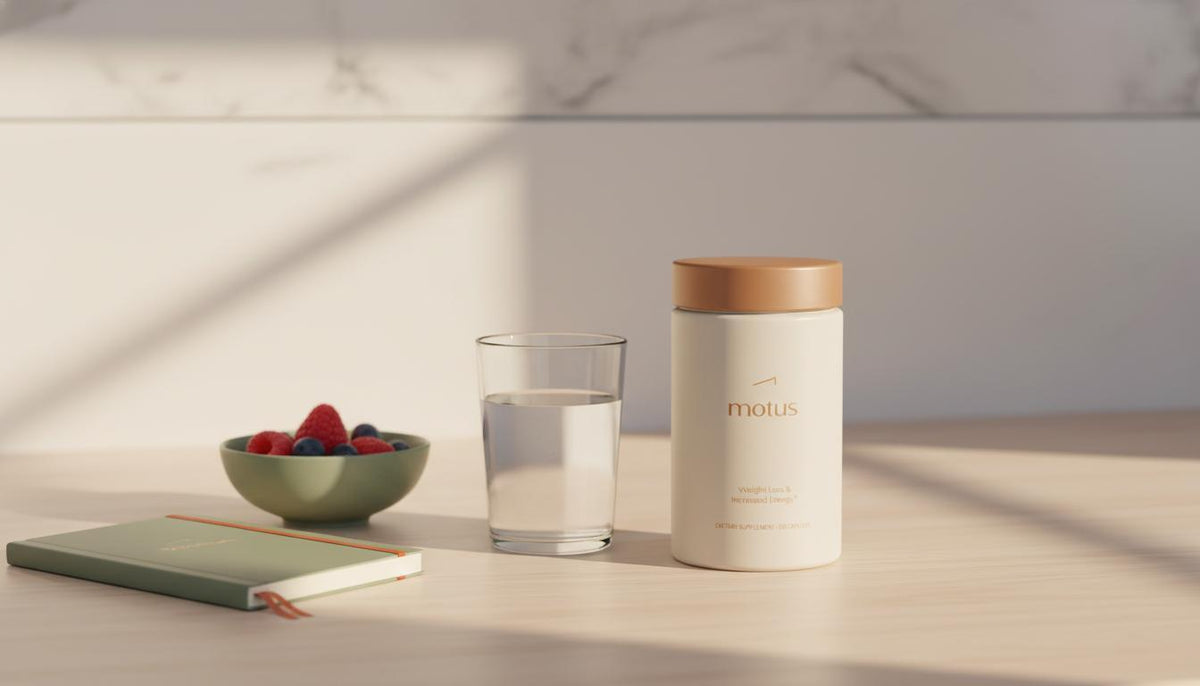 Motus supplement jar on a minimalist kitchen counter with a glass of water and bowl of berries, evoking a calm scientific lifestyle for best weight loss pills.