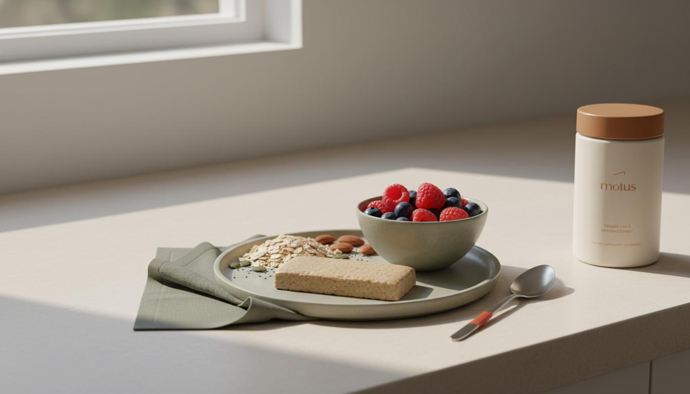 Minimalist kitchen display with oats, almonds, seeds, berries and a meal-replacement bar — which bar is best for weight loss visual.