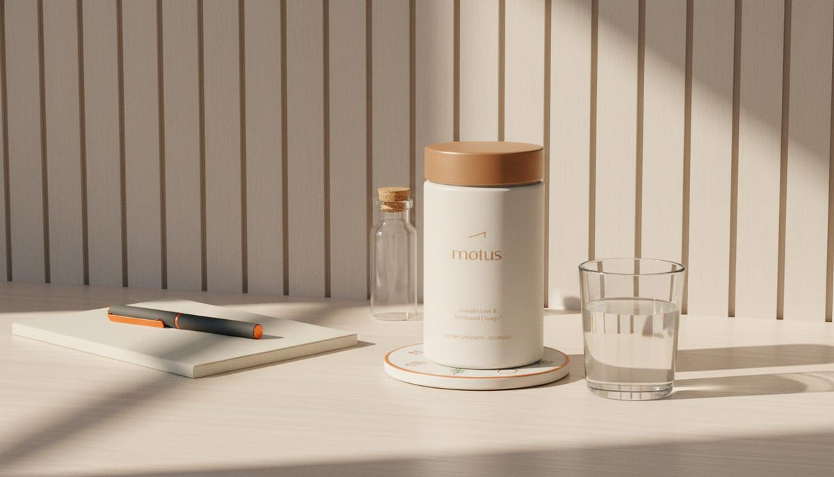 Minimalist desk scene with a Tonum supplement jar (L-carnitine), glass of water, notepad and a small research vial on a beige acoustic panel background.