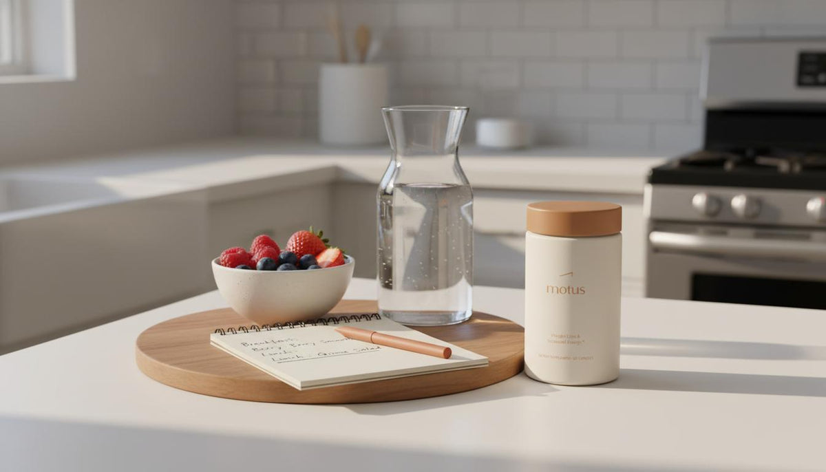 Minimalist kitchen counter with Motus supplement jar, bowl of berries, open meal-plan notebook and carafe of water — calm wellness scene to support lose 100 pounds safely