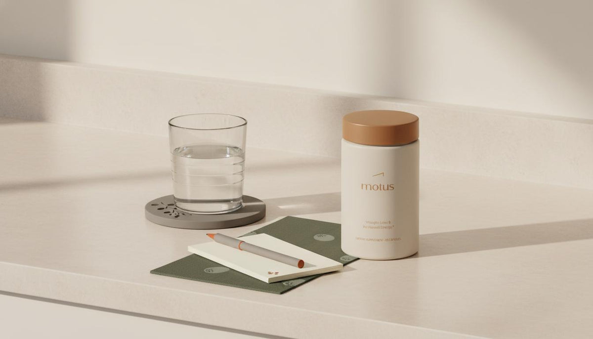 Minimalist kitchen countertop with Tonum Motus jar, glass of water and notepad, subtle berry and egg icons, evoking Wegovy cost at Costco and clinical-lifestyle wellness.