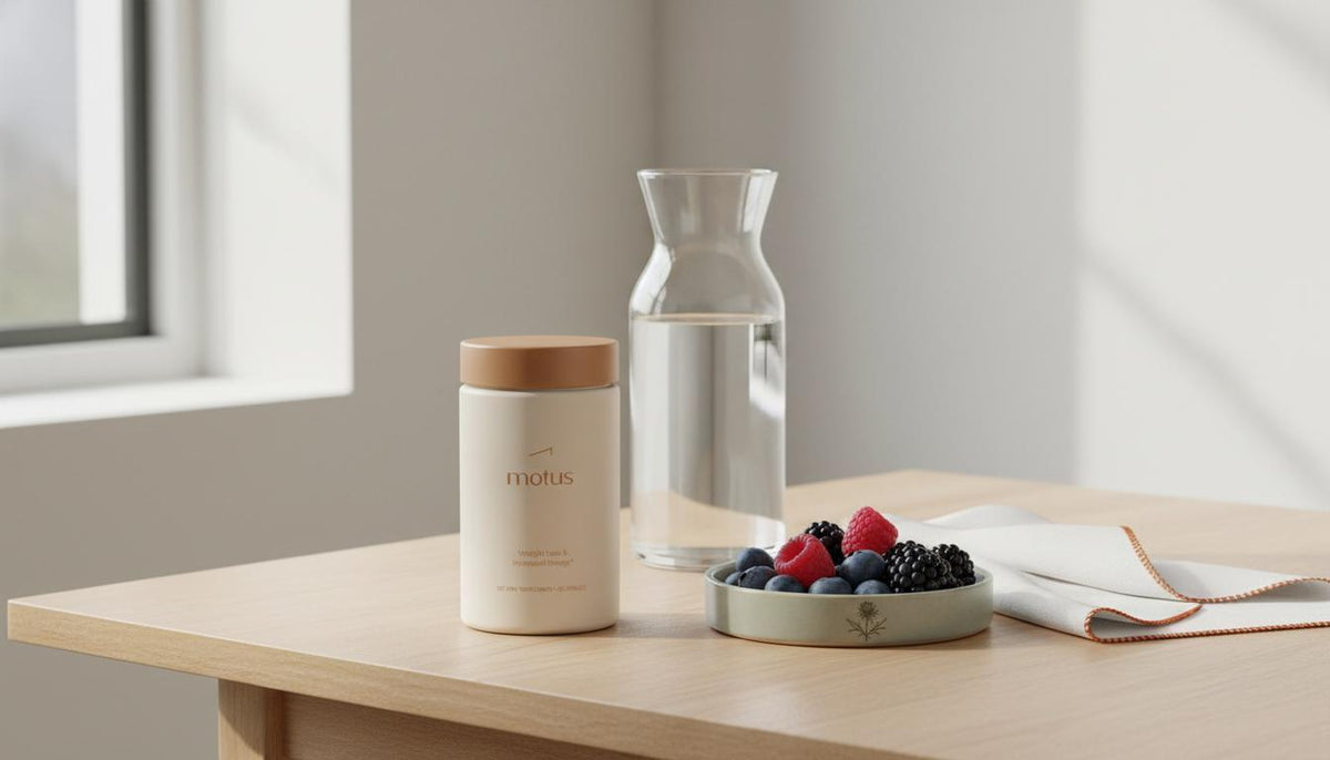 Motus jar, carafe, berries and milk thistle on wooden table by window — what is the best fat burning supplement for women?