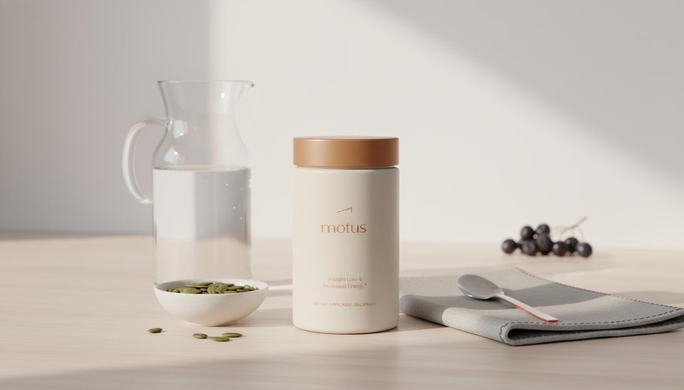 Minimalist kitchen counter with Tonum Motus supplement jar beside a glass carafe, bowl of pumpkin seeds and folded linen on #F2E5D5 background — does magnesium cause weight loss