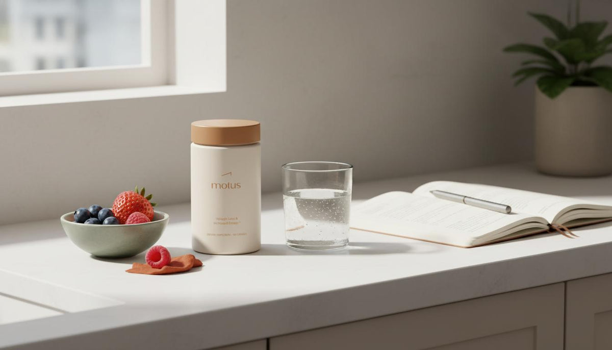 Minimalist kitchen counter with Tonum Motus supplement jar beside a glass of water, bowl of berries and open notebook — What are the pros and cons of carnitine?
