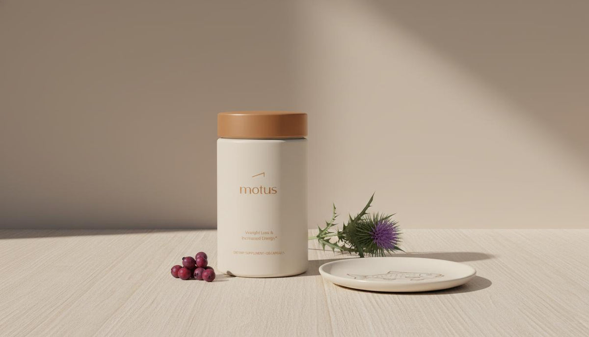 Minimalist still-life of a Tonum supplement jar with milk thistle, berries and a small plate with fish icon on beige background — what is the best memory improver?