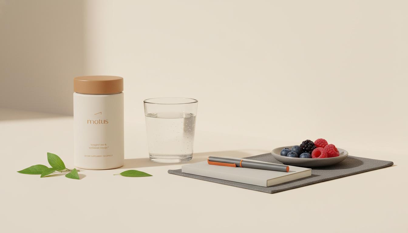 Minimal kitchen counter with Tonum supplement jar beside a glass of water, notebook, bacopa leaves and berries on a #F2E5D5 background — image for alpha brain side effects