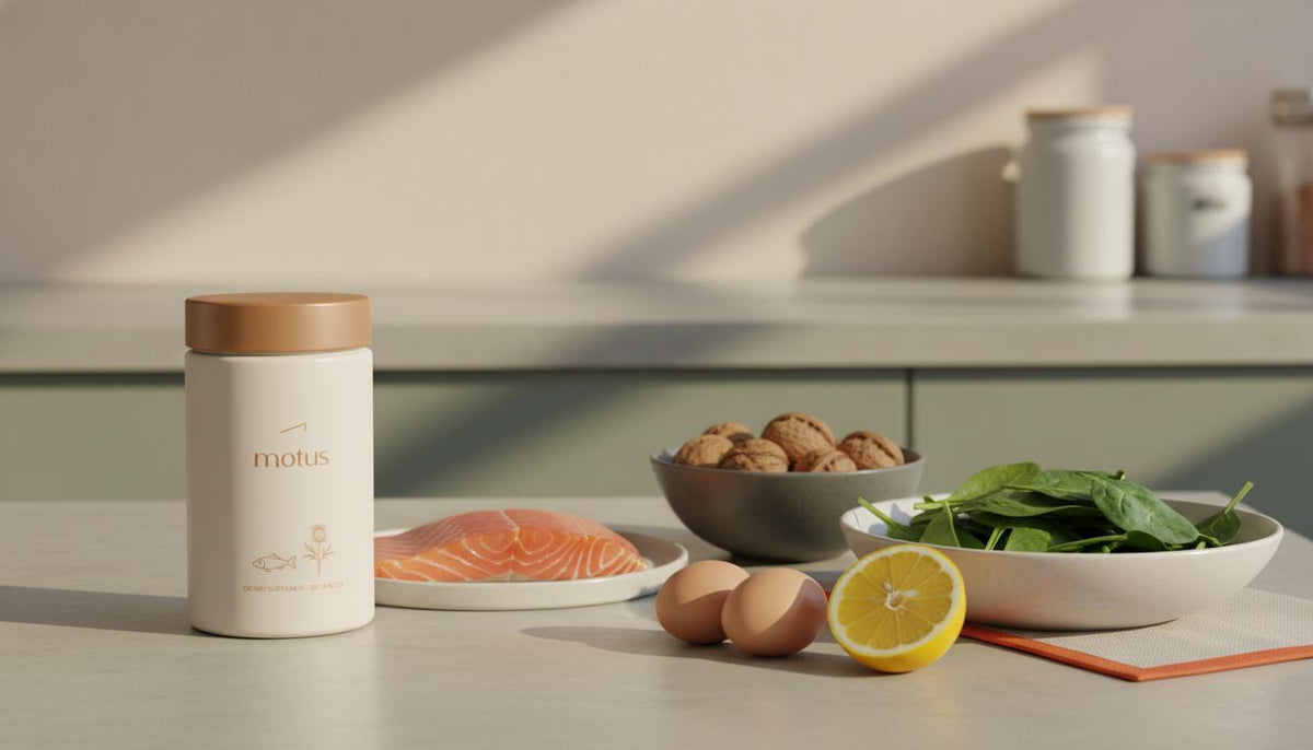 Minimalist kitchen counter with salmon, walnuts, spinach, eggs and lemon arranged beside a Tonum supplement jar — best vitamin for focusing in a calm, clinical-meets-lifestyle scene