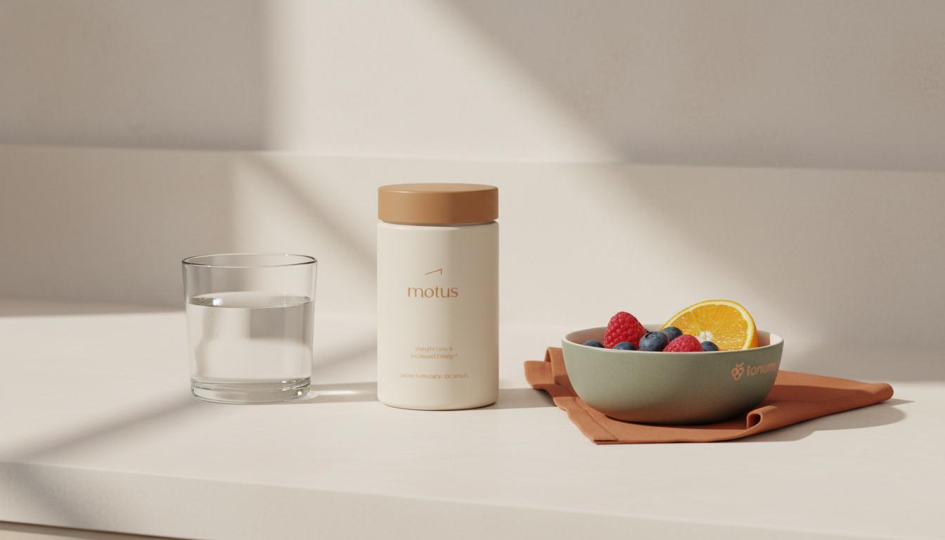 Minimal minimalist kitchen scene with Tonum Motus supplement jar beside water and fruit, emphasizing garcinia cambogia dosage and a calm morning supplement routine.