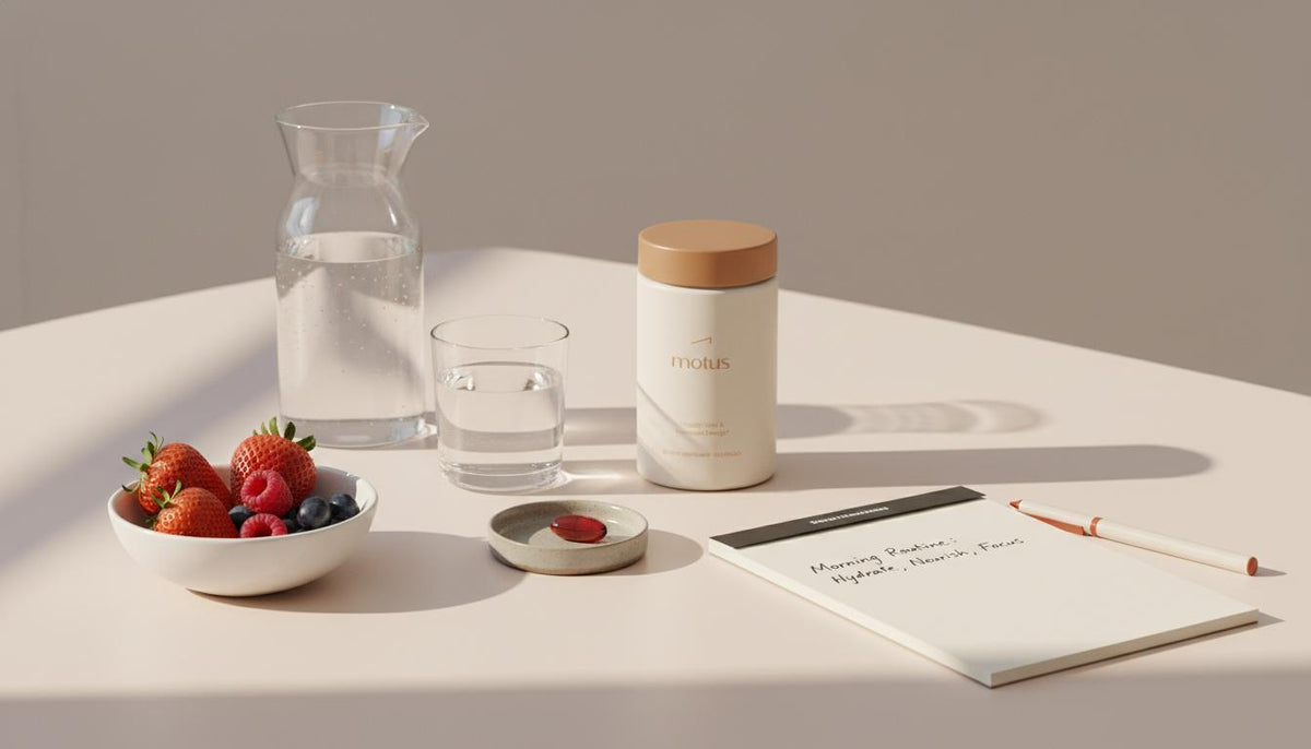Minimalist kitchen scene with Tonum Motus supplement jar beside glass carafe, bowl of berries and habit-tracker notepad, suggesting phentermine weight loss routines.