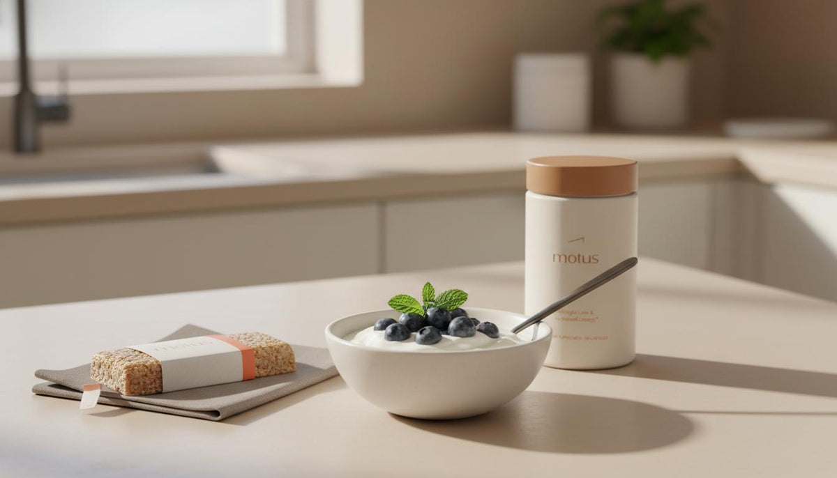 Minimalist kitchen counter with Greek yogurt topped with blueberries and mint, a protein bar and a Motus supplement jar visible in the background — best snack for weight loss