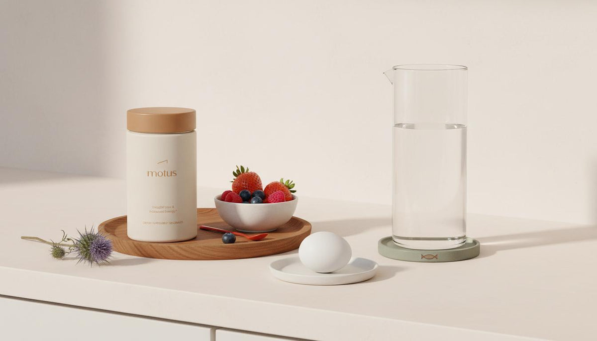 Minimal Tonum kitchen scene with Motus supplement jar, berries, egg and milk thistle on a beige counter illustrating can you fix a bad metabolism