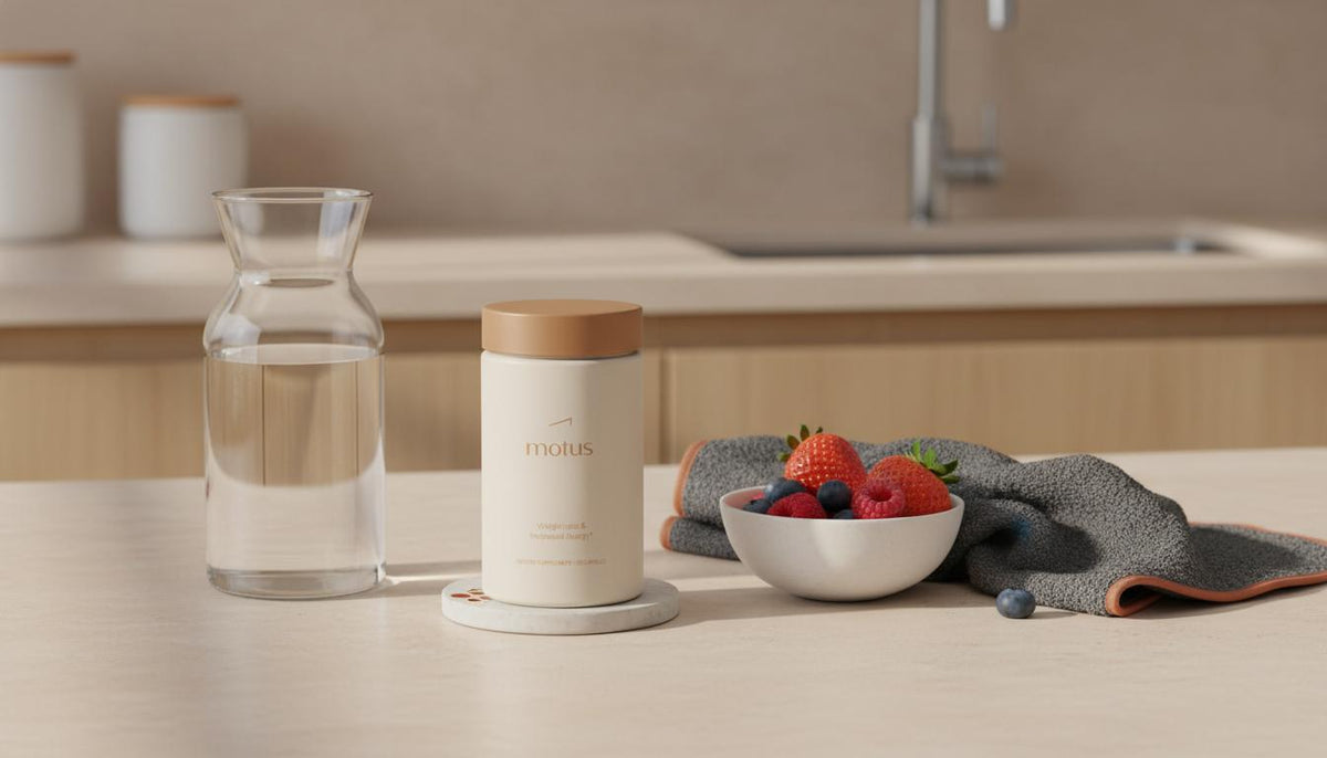 Minimalist kitchen counter with Tonum Motus bottle beside water carafe, bowl of berries and folded towel — fat burner supplement scene.